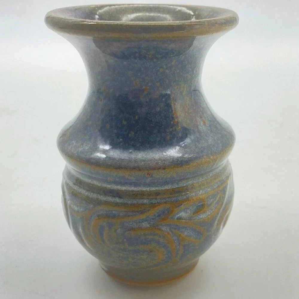VTG Signed Studio Art Pottery Vase Blue Brown Speckled Glaze Stoneware 4.5